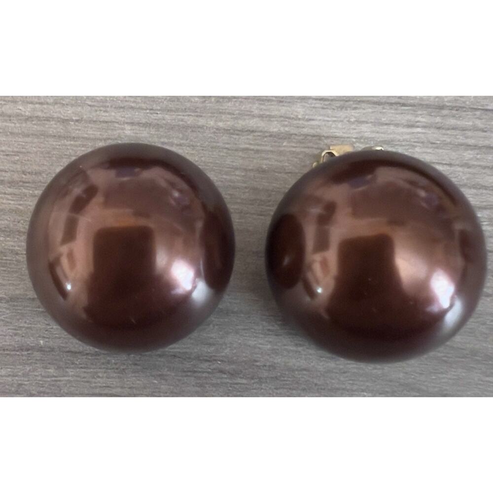 Vintage 1980s Large Brown Dome Clip On Earrings Metallic Glossy Retro Statement
